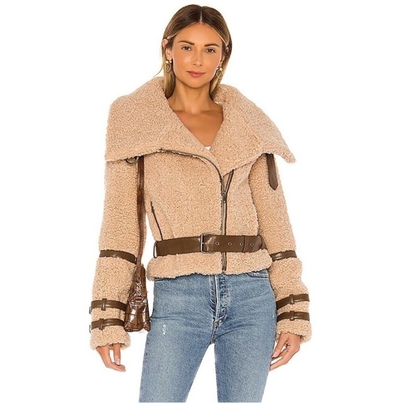 Tularosa Jackets & Blazers - Tularosa Bailey Long Sleeve Full Zip Faux Fur Moto Jacket Beige